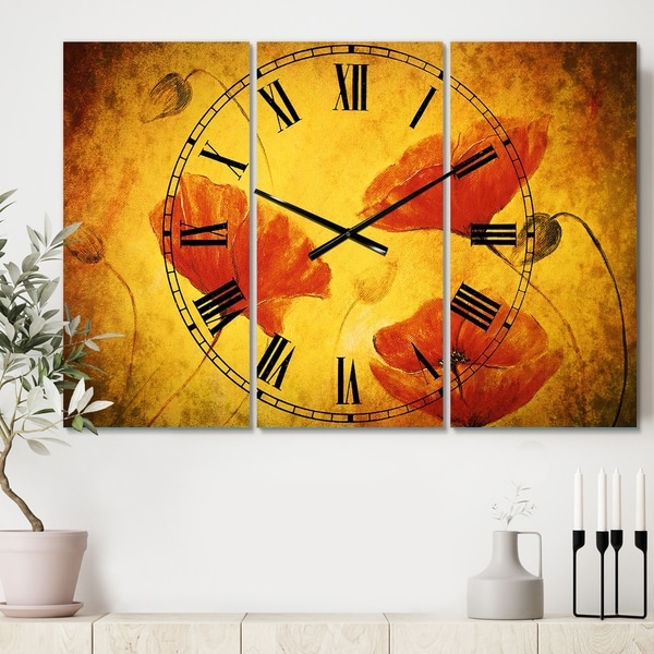 Designart 'Red Poppy Flower' Cottage 3 Panels Oversized Wall CLock - 36 in. wide x 28 in. high - 3 panels