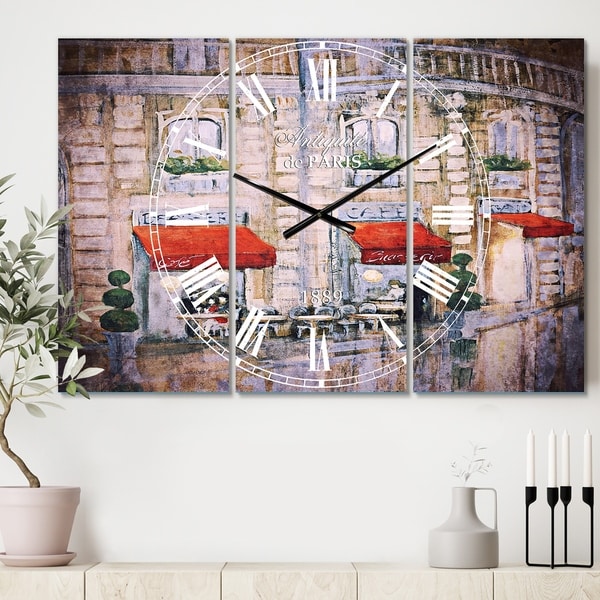 Designart 'Love in Paris II' Cottage 3 Panels Oversized Wall CLock - 36 in. wide x 28 in. high - 3 panels