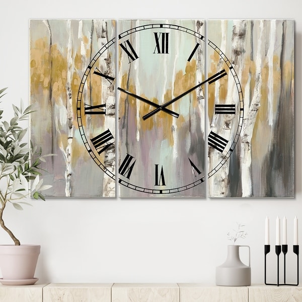 The Gray Barn Jartop 'Silver and Yellow Birch Forest II' 3-panel Oversized Metal Clock