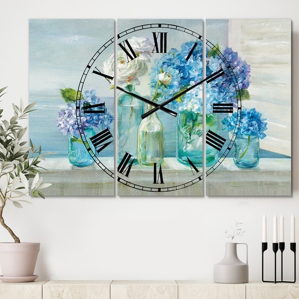 Designart 'Coastl Flowers Bouquets' Cottage 3 Panels Large Wall CLock - 36 in. wide x 28 in. high - 3 panels