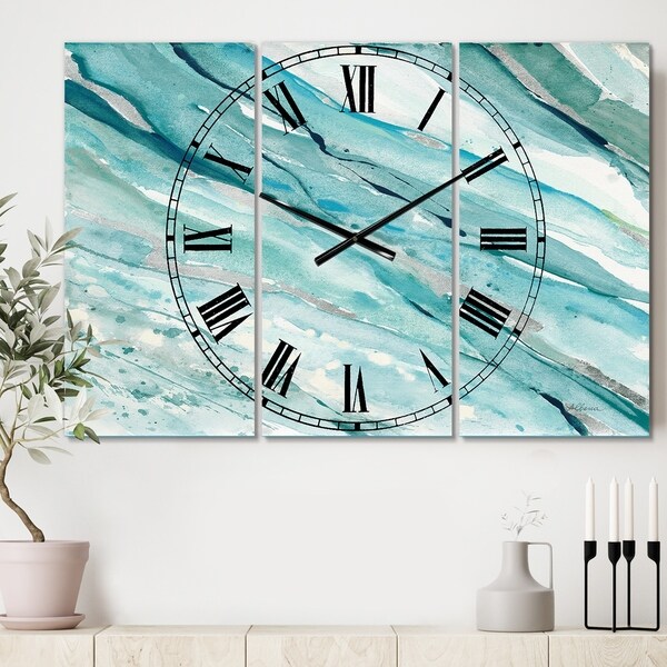 Designart 'Silver Springs I Blue Green' Cottage 3 Panels Large Wall CLock - 36 in. wide x 28 in. high - 3 panels