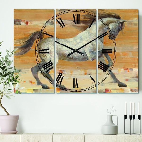 Designart 'southwest Beige Horse' Cottage 3 Panels Oversized Wall CLock - 36 in. wide x 28 in. high - 3 panels