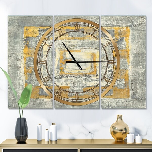 Designart 'Gold Glam on Grey Tapestry I' Glam 3 Panels Large Wall CLock - 36 in. wide x 28 in. high - 3 panels
