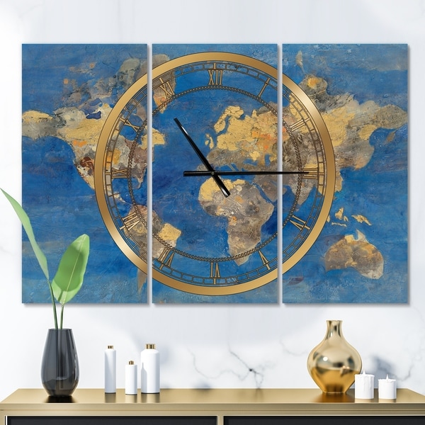 Designart 'Golden Glam World Map' Glam 3 Panels Oversized Wall CLock - 36 in. wide x 28 in. high - 3 panels
