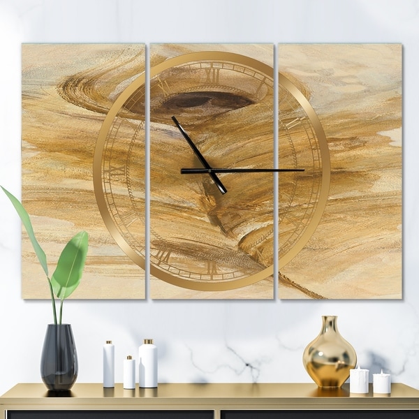 Designart 'Feather Natural elements I' Glam 3 Panels Large Wall CLock - 36 in. wide x 28 in. high - 3 panels