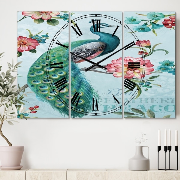 Designart 'Peacock' Cottage 3 Panels Large Wall CLock - 36 in. wide x 28 in. high - 3 panels