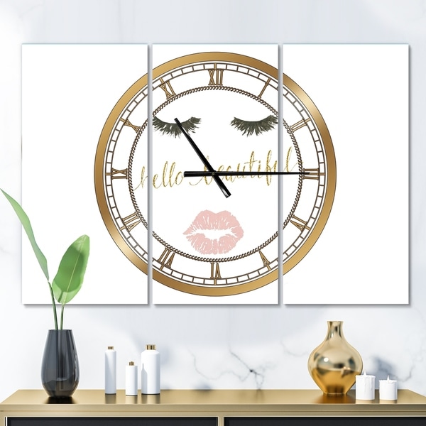 Designart 'fashion Glam Lips on Gold I' Glam 3 Panels Oversized Wall CLock - 36 in. wide x 28 in. high - 3 panels