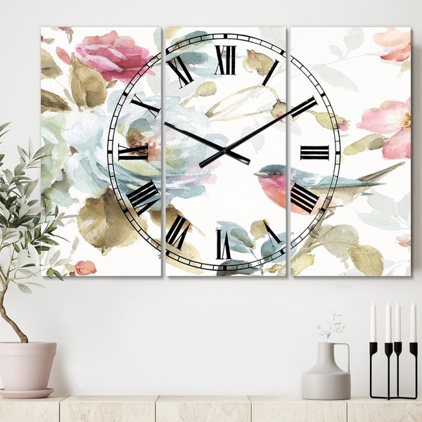 Designart 'Beautiful Bird Romance I' Cottage 3 Panels Oversized Wall CLock - 36 in. wide x 28 in. high - 3 panels
