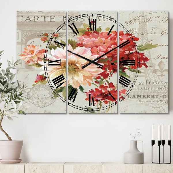 Designart 'Red Painted Flowers on Vintage Postcard I' Cottage 3 Panels Large Wall CLock - 36 in. wide x 28 in. high - 3 panels