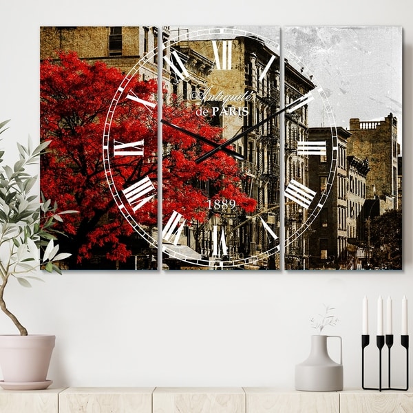 Designart 'Red Tree on Black and White New York City Street' Cottage 3 Panels Large Wall CLock