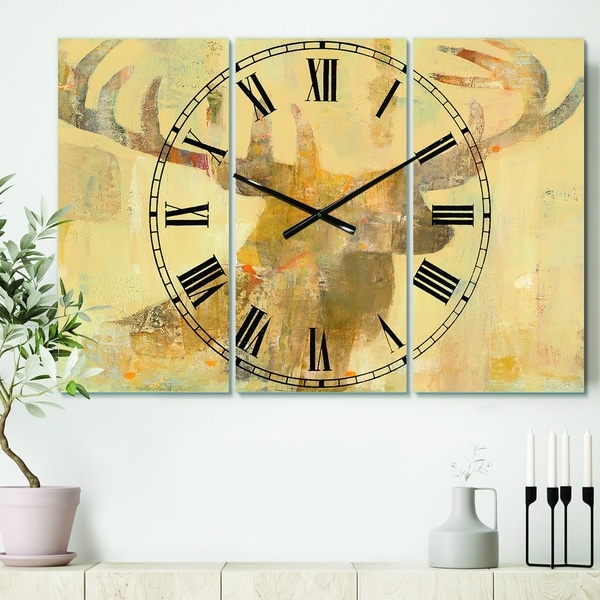 Designart 'Golden Deer I' Cottage 3 Panels Oversized Wall CLock - 36 in. wide x 28 in. high - 3 panels