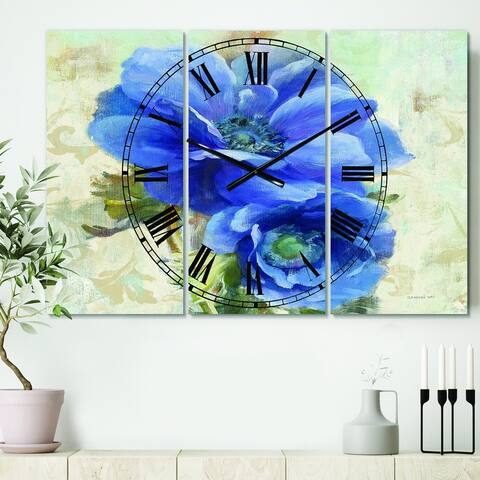 Designart 'Blue Anemone Flower' Cottage 3 Panels Oversized Wall CLock - 36 in. wide x 28 in. high - 3 panels