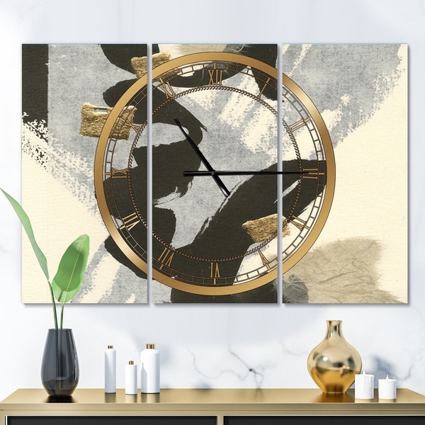 Designart 'Glam Collage II' Glam 3 Panels Oversized Wall CLock - 36 in. wide x 28 in. high - 3 panels