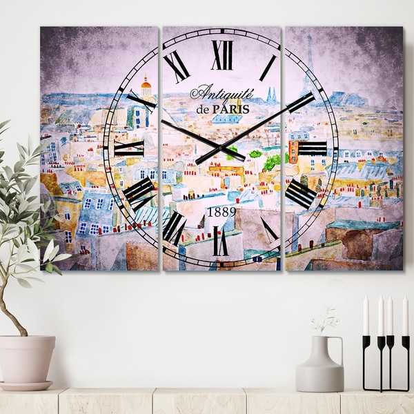 Designart 'City of Paris' Cottage 3 Panels Oversized Wall CLock - 36 in. wide x 28 in. high - 3 panels