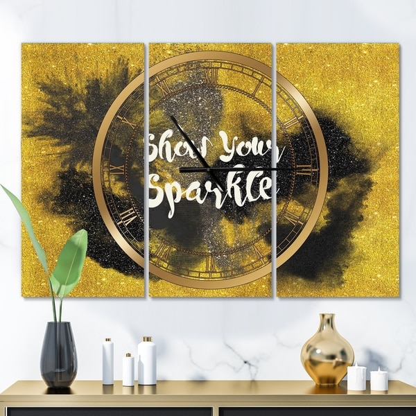 Designart 'Show Your Sparkle Quote Black on Gold' Glam 3 Panels Oversized Wall CLock - 36 in. wide x 28 in. high - 3 panels