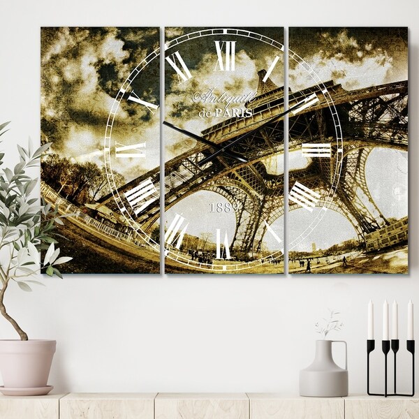 Designart 'Paris Eiffel Towerin Sunny Winter Morning' Cottage 3 Panels Oversized Wall CLock