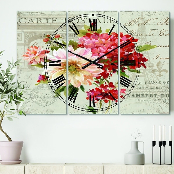 Designart 'Red Painted Flowers on Vintage Postcard III' Cottage 3 Panels Oversized Wall CLock