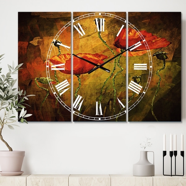 Designart 'Watercolor Poppy Flowers' Cottage 3 Panels Large Wall CLock - 36 in. wide x 28 in. high - 3 panels