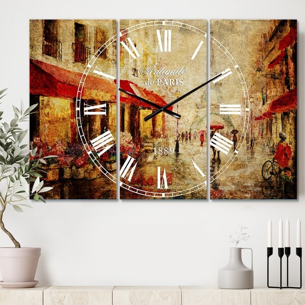 Designart 'Lovers in Paris Eiffel Tower' Cottage 3 Panels Oversized Wall CLock - 36 in. wide x 28 in. high - 3 panels