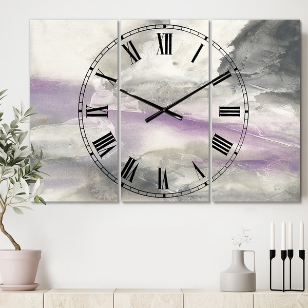 Designart 'Watercolor Minimal Purple Tones I' Cottage 3 Panels Oversized Wall CLock - 36 in. wide x 28 in. high - 3 panels