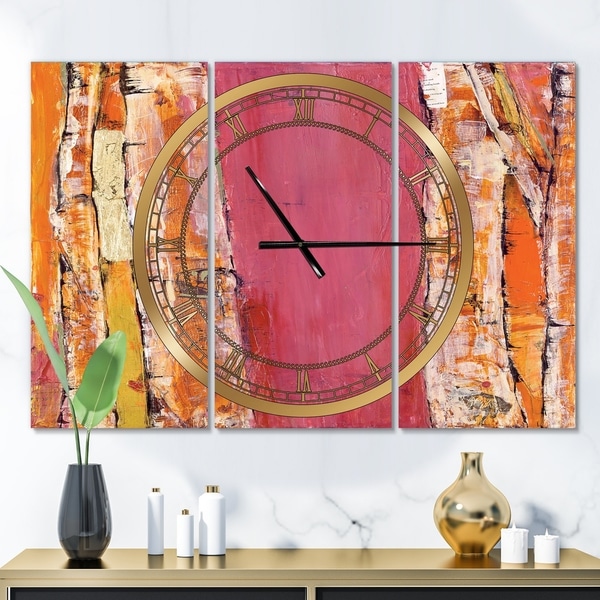 Designart 'Glamorous Composition of Red and Gold' Glam 3 Panels Large Wall CLock - 36 in. wide x 28 in. high - 3 panels