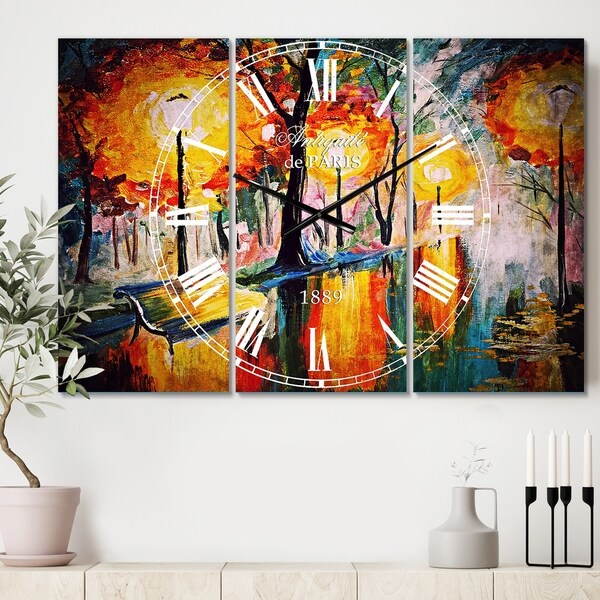 Designart 'Street in Autumn' Cottage 3 Panels Large Wall CLock - 36 in. wide x 28 in. high - 3 panels