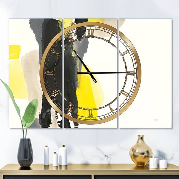 Designart 'Glam Black and Yellow II' Glam 3 Panels Large Wall CLock - 36 in. wide x 28 in. high - 3 panels