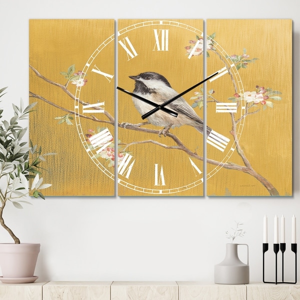 Designart 'Gold Bird on Blossoms IV' Cottage 3 Panels Oversized Wall CLock - 36 in. wide x 28 in. high - 3 panels