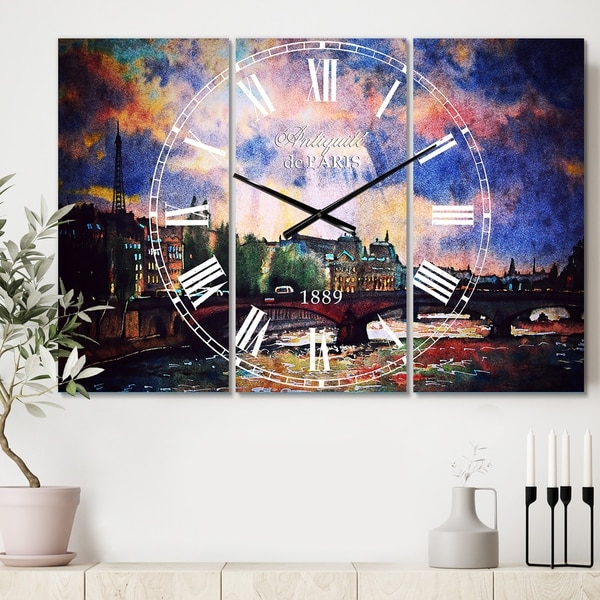 Designart 'Fabulous Paris City Watercolor' Cottage 3 Panels Oversized Wall CLock - 36 in. wide x 28 in. high - 3 panels