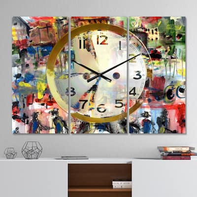 Designart 'People and Time Acrylic Watercolor' Modern 3 Panels Oversized Wall CLock - 36 in. wide x 28 in. high - 3 panels