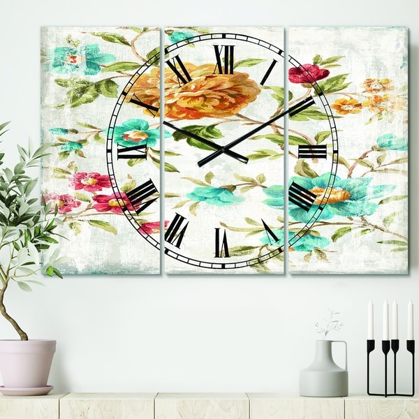 Designart 'Golden Flowers' Cottage 3 Panels Oversized Wall CLock - 36 in. wide x 28 in. high - 3 panels