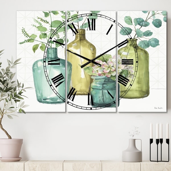 Designart 'Mixed Botanical Green Leaves VIII' Cottage 3 Panels Large Wall CLock - 36 in. wide x 28 in. high - 3 panels