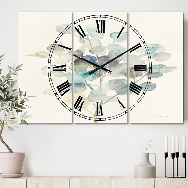 Designart 'Eucalyptus leaves I' Cottage 3 Panels Oversized Wall CLock - 36 in. wide x 28 in. high - 3 panels
