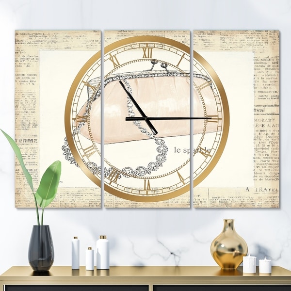 Designart 'Chic Galm Closet II' Glam 3 Panels Large Wall CLock - 36 in. wide x 28 in. high - 3 panels