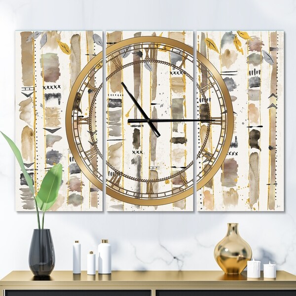 Designart 'Abstract Gold Birch Trees I' Glam 3 Panels Oversized Wall CLock - 36 in. wide x 28 in. high - 3 panels