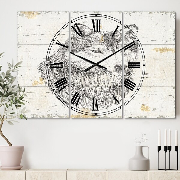 Designart 'Wolf Wild and Beautiful III' Cottage 3 Panels Oversized Wall CLock - 36 in. wide x 28 in. high - 3 panels