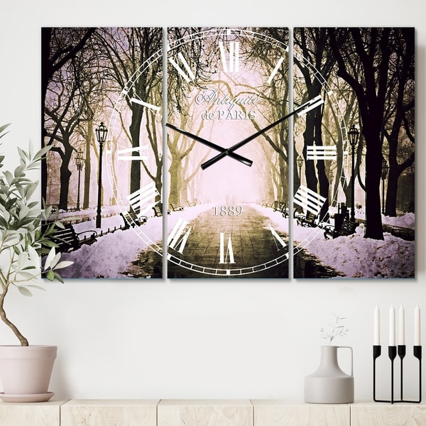 Designart 'Fog in Alley Vintage Style' Cottage 3 Panels Oversized Wall CLock - 36 in. wide x 28 in. high - 3 panels
