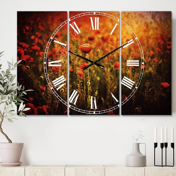 Designart 'Dense Poppy Field At Sunset' Cottage 3 Panels Oversized Wall CLock - 36 in. wide x 28 in. high - 3 panels