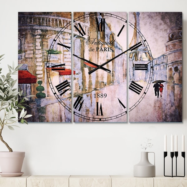 Designart 'Love in Paris III' Cottage 3 Panels Oversized Wall CLock - 36 in. wide x 28 in. high - 3 panels