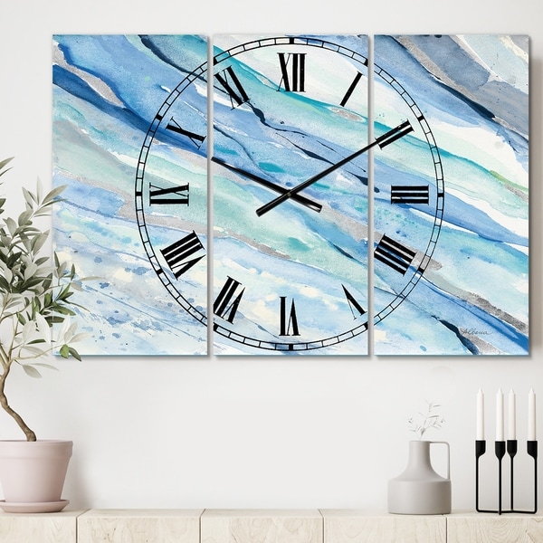 Designart 'Blue Silver Spring I' Cottage 3 Panels Large Wall CLock - 36 in. wide x 28 in. high - 3 panels