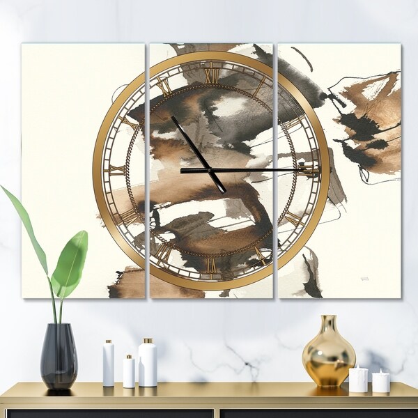 Designart 'Gold Glam Squares II' Glam 3 Panels Large Wall CLock - 36 in. wide x 28 in. high - 3 panels