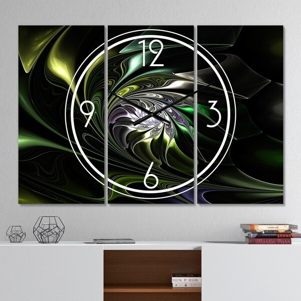 Designart 'Multi Colored Green Stained Glass' Modern 3 Panels Oversized Wall CLock - 36 in. wide x 28 in. high - 3 panels
