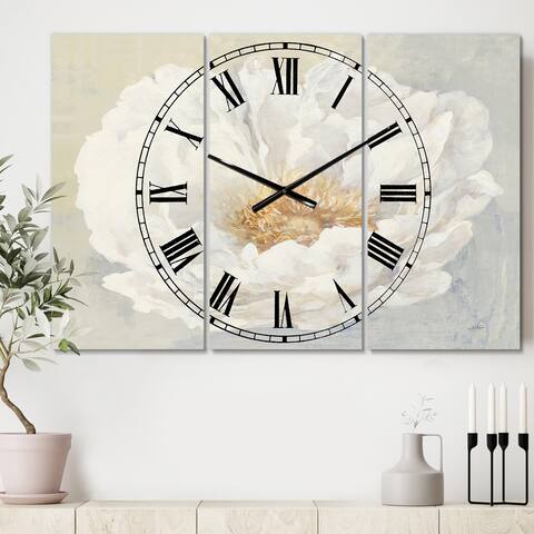 Designart 'White Serene Peony' Cottage 3 Panels Oversized Wall CLock - 36 in. wide x 28 in. high - 3 panels