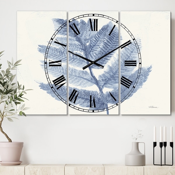 Designart 'Forest Ferns Blue' Cottage 3 Panels Oversized Wall CLock - 36 in. wide x 28 in. high - 3 panels