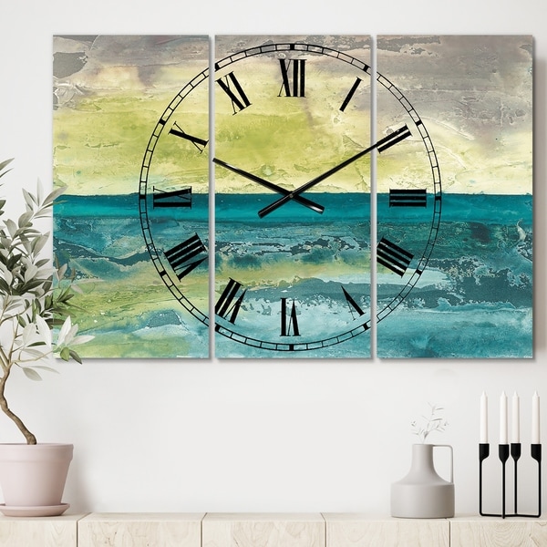 Designart 'Beyond the Horizon I' Cottage 3 Panels Oversized Wall CLock - 36 in. wide x 28 in. high - 3 panels