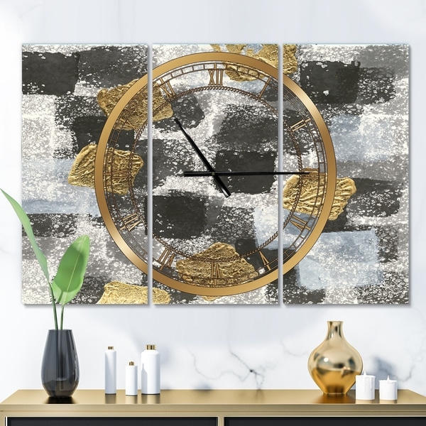 Designart 'Gold Glamour Squares I' Glam 3 Panels Oversized Wall CLock - 36 in. wide x 28 in. high - 3 panels