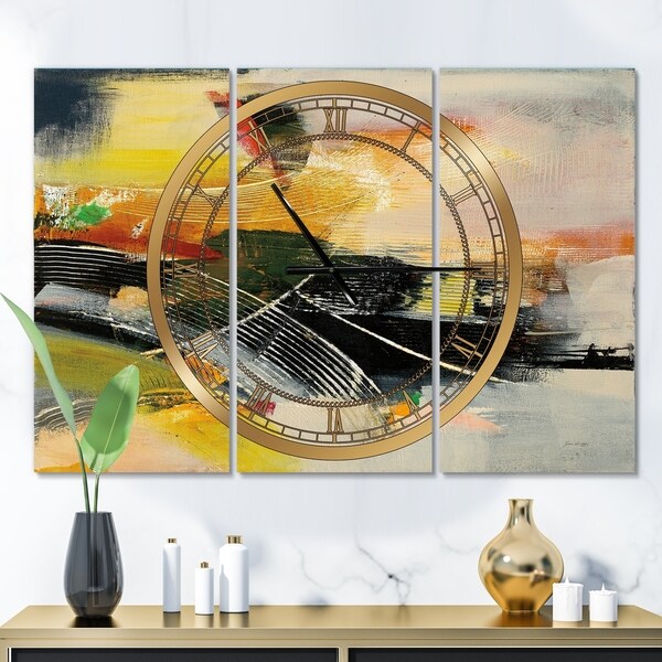 Designart 'End of the Orange Rainbow I' Glam 3 Panels Oversized Wall CLock - 36 in. wide x 28 in. high - 3 panels