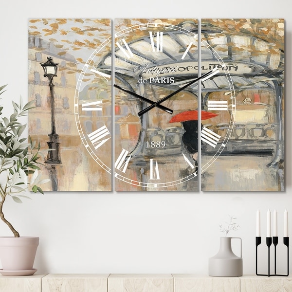 Designart 'Love in Paris IV' Cottage 3 Panels Large Wall CLock - 36 in. wide x 28 in. high - 3 panels