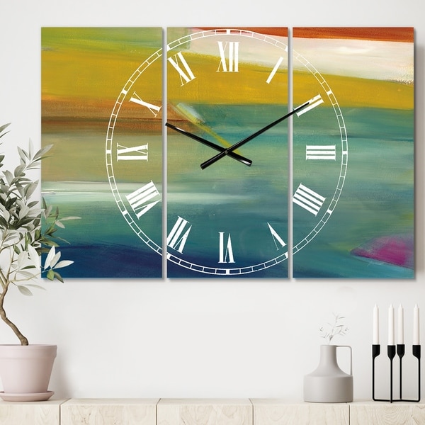 Designart 'Waterpainting Impression of Indigo And Green' Cottage 3 Panels Oversized Wall CLock