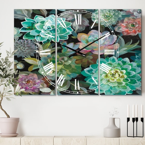 Designart 'Floral Succulents' Cottage 3 Panels Oversized Wall CLock - 36 in. wide x 28 in. high - 3 panels